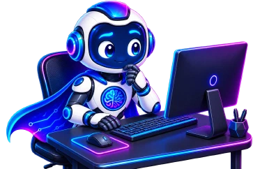 The Engineer mascot: a friendly blue and white robot in a circuit-patterned cape, sitting at a desk with both hands on the keyboard of a large monitor