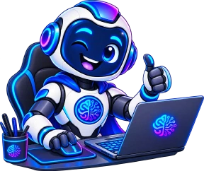 The Engineer mascot: a friendly blue and white robot in a circuit-patterned cape, working at a laptop and giving a thumbs up over its shoulder