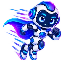 The Engineer mascot: a friendly blue and white robot in a circuit-patterned cape, running hard, leaning into the stride with speed lines behind it
