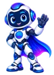 The Engineer mascot: a friendly blue and white robot in a circuit-patterned cape, standing with one hand raised in a wave